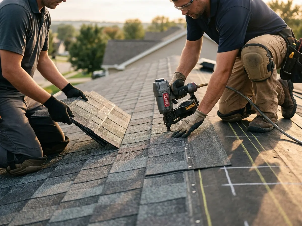 Professional roofer working on a residential roof in Rowlett